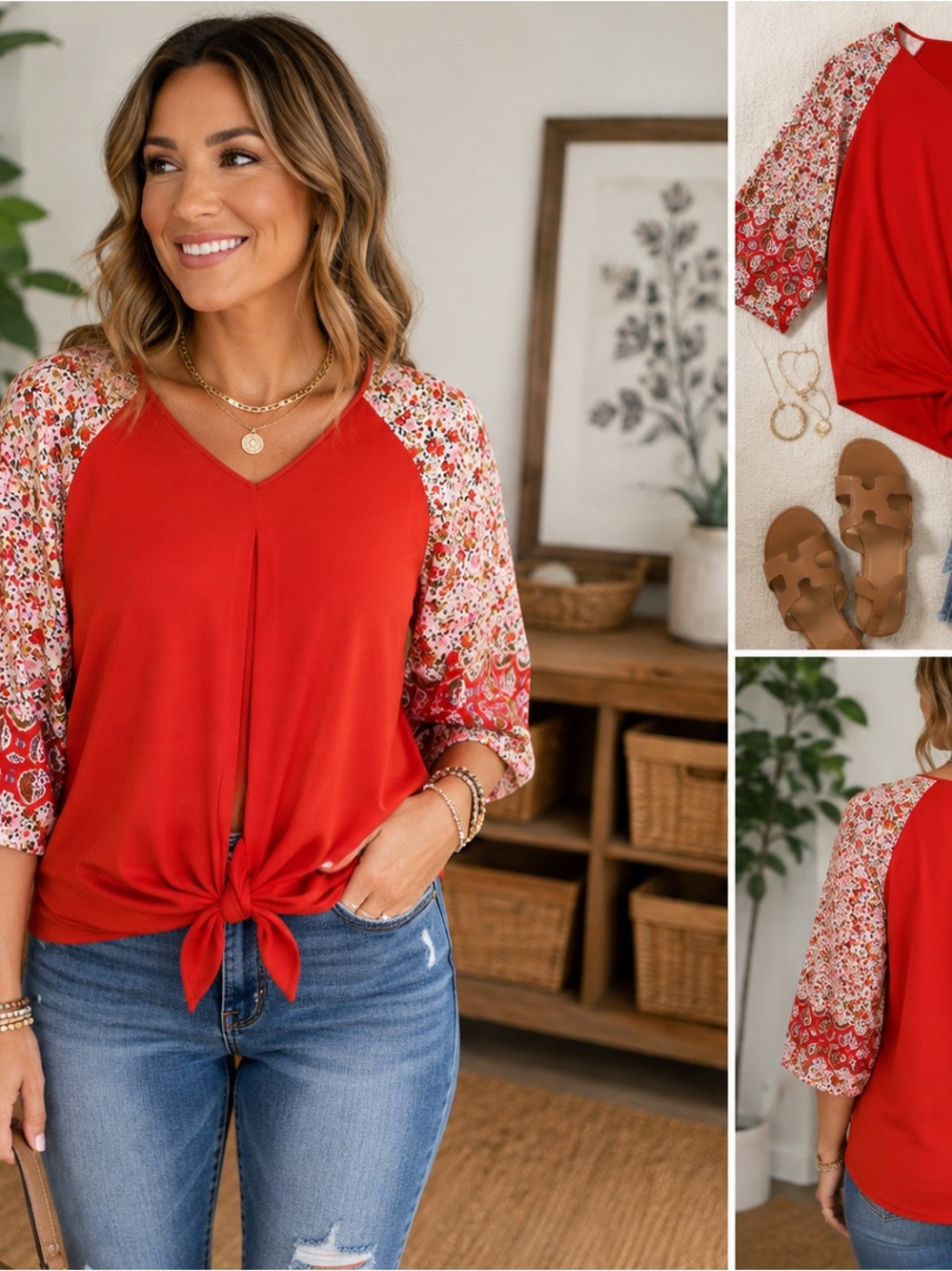 Source Unknown Red Tie-Front Top with Floral Raglan Sleeves